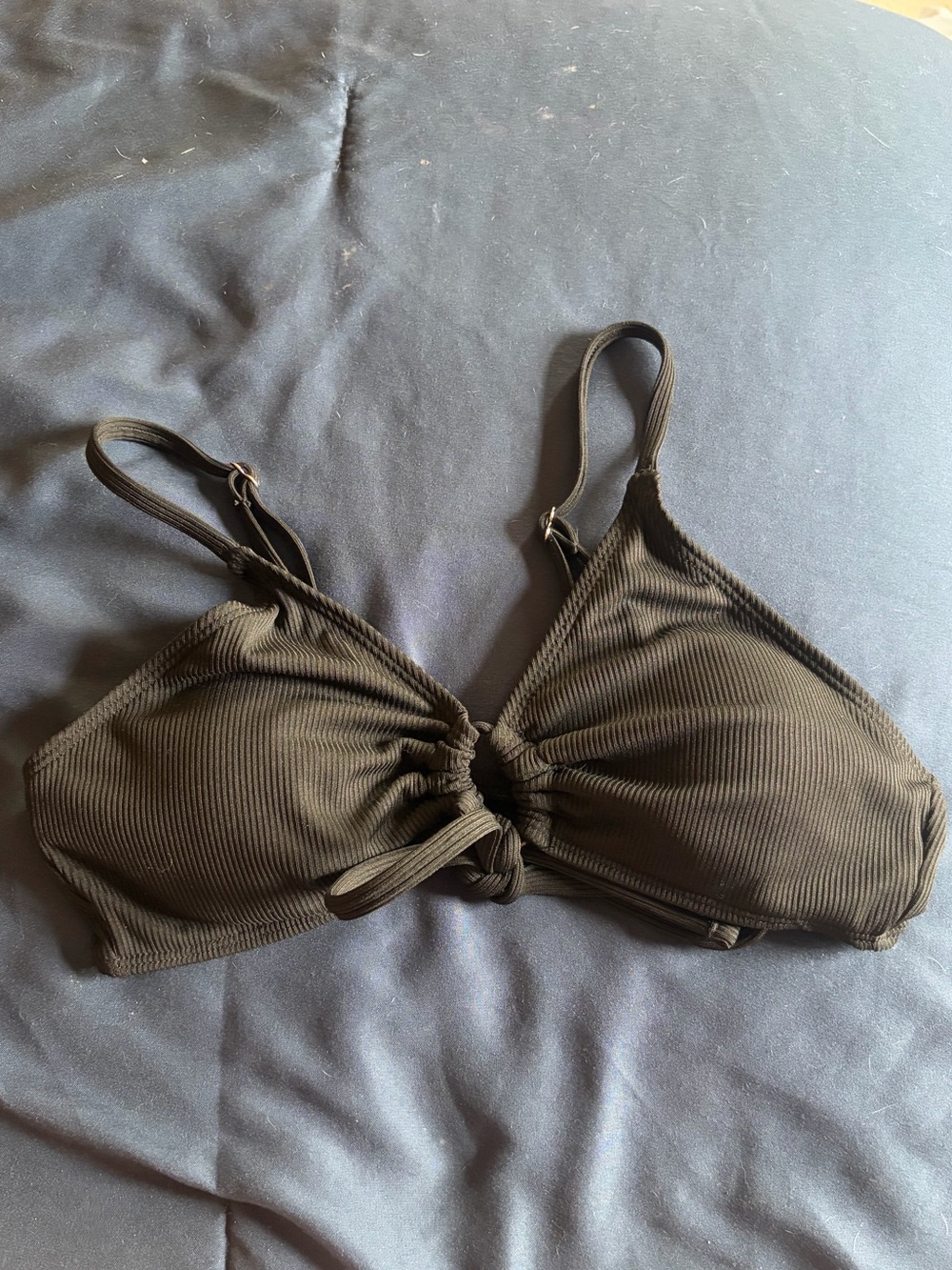 Ribbed Knot-Front Bikini Top in Black